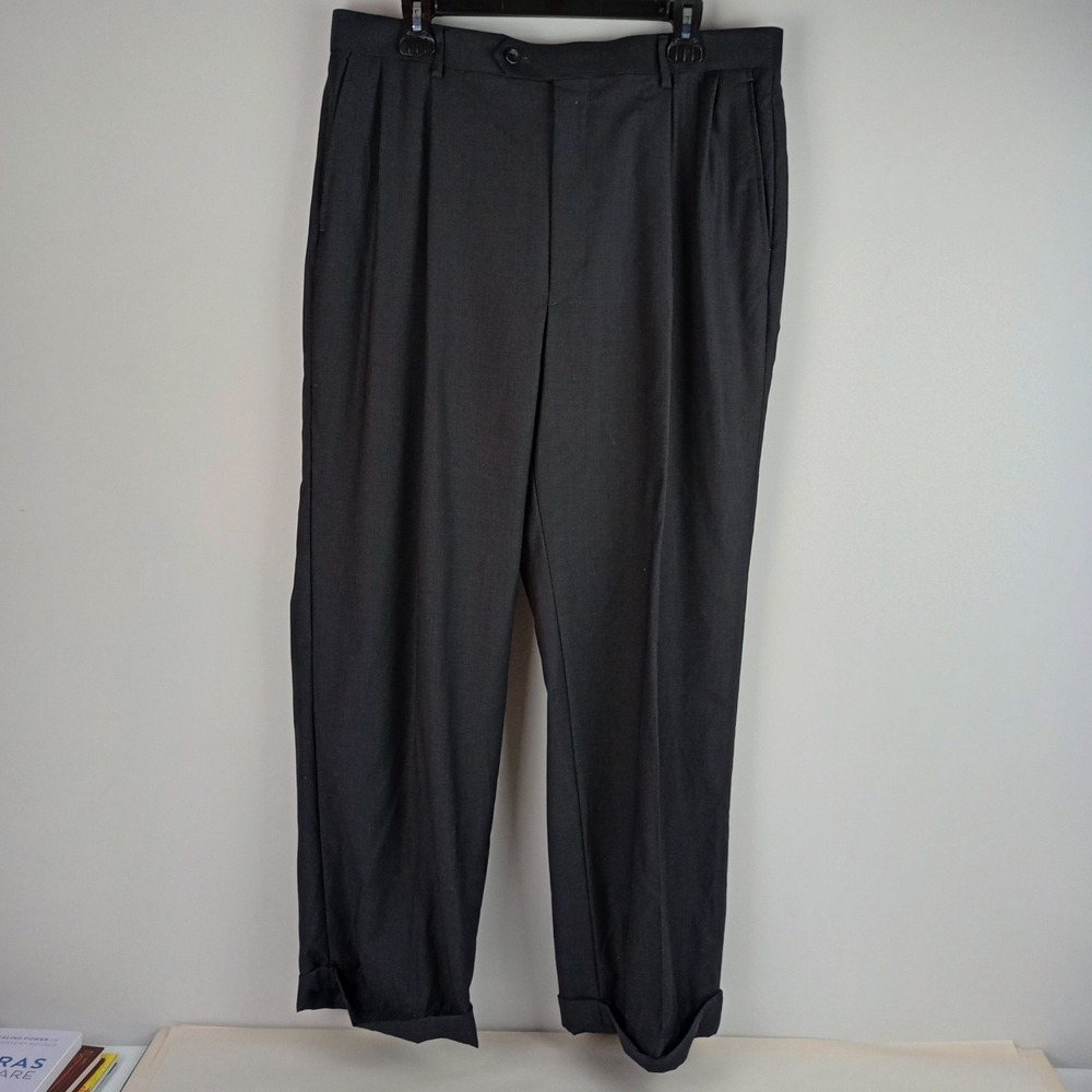 Joseph & Feiss Mens 36 Grey Pleated Cuffed 100% Wool Dress Slacks Trousers Pants